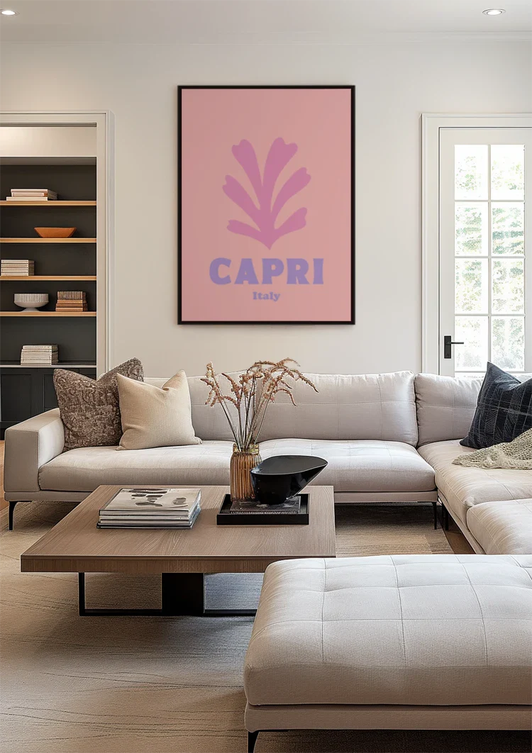 Capri Italien Retro Poster Rosa Blatt Minimalistisches Reiseplakat Gemälde