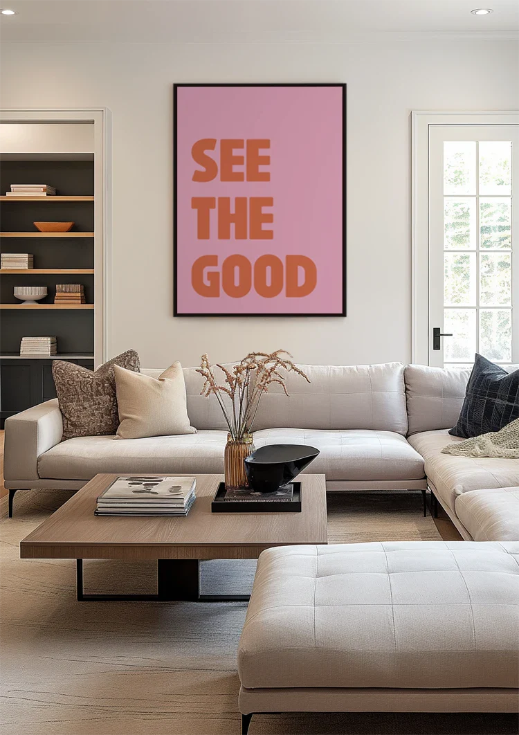 See The Good Oranje Tekst Roze Achtergrond Positief Typografie Pop Art Schilderij