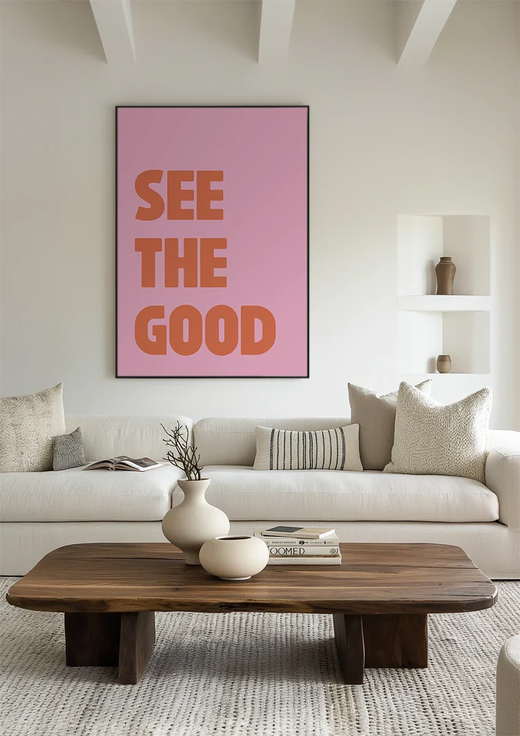 See The Good Oranje Tekst Roze Achtergrond Positief Typografie Pop Art Schilderij