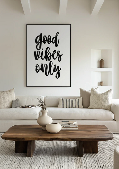 Good Vibes Only Schwarze Handschrift Weißer Hintergrund Positives Minimalistisches Gemälde