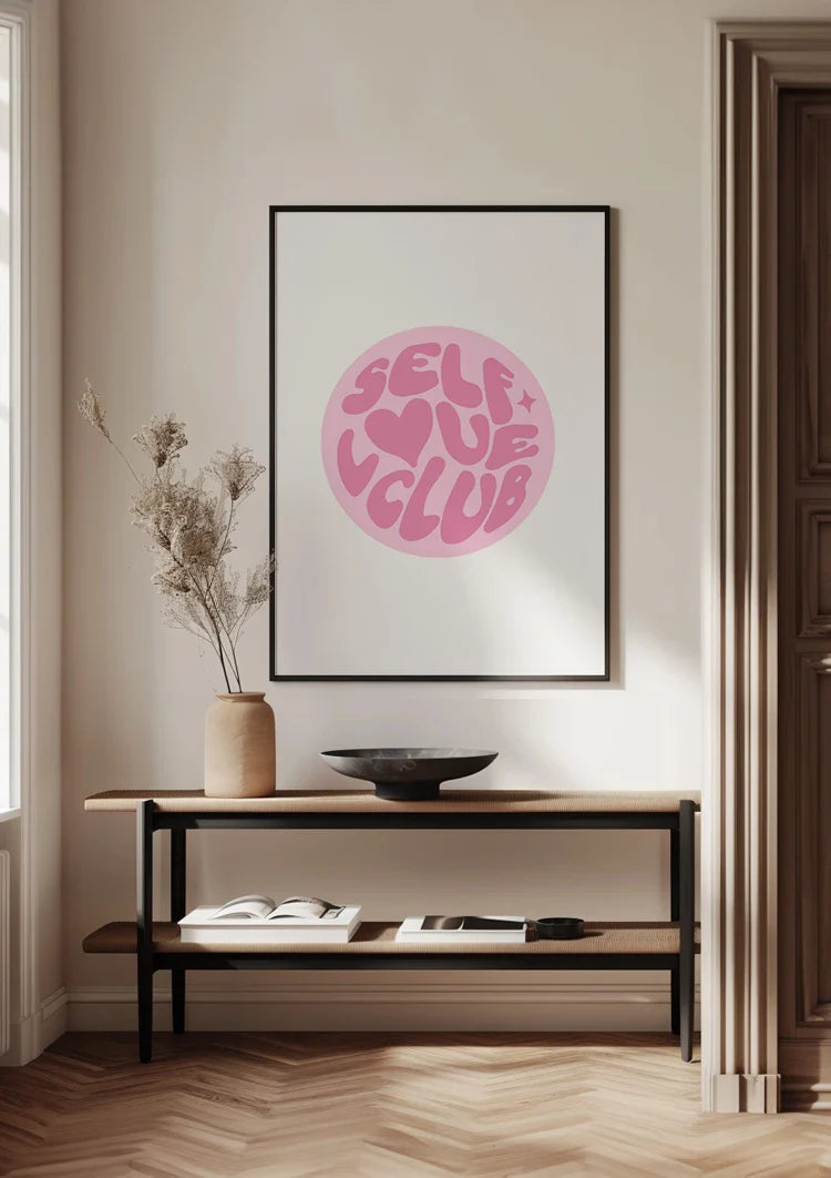 Self Love Club Roze Cirkel Typografie Zelfliefde Vrouwelijk Schilderij