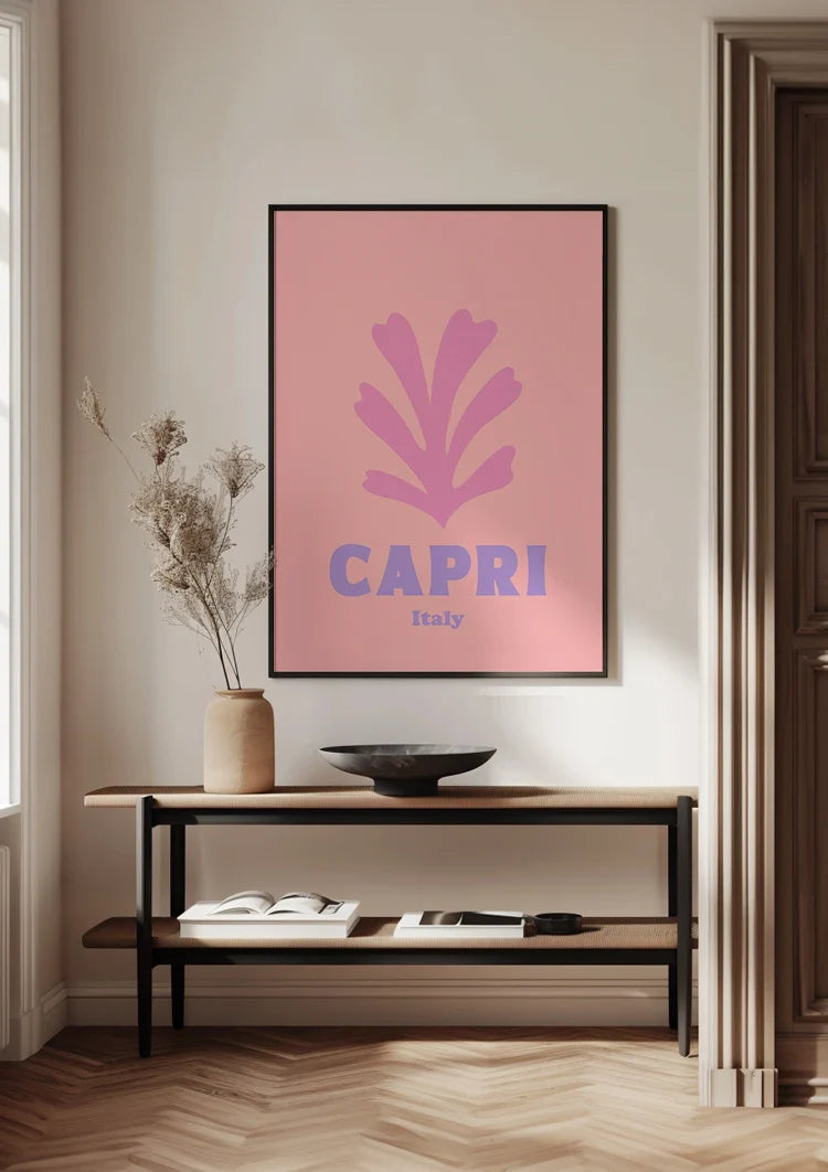 Capri Italien Retro Poster Rosa Blatt Minimalistisches Reiseplakat Gemälde