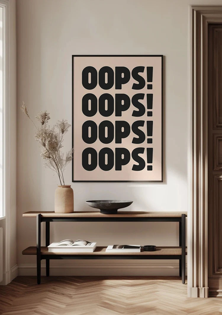 Hoppla, sich wiederholender schwarzer Text, rosa Hintergrund, spielerische Typografie, Pop-Art-Gemälde