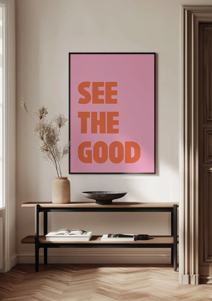 See The Good Oranje Tekst Roze Achtergrond Positief Typografie Pop Art Schilderij