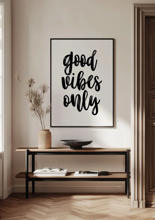 Good Vibes Only Schwarze Handschrift Weißer Hintergrund Positives Minimalistisches Gemälde