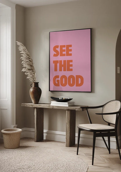 See The Good Oranje Tekst Roze Achtergrond Positief Typografie Pop Art Schilderij