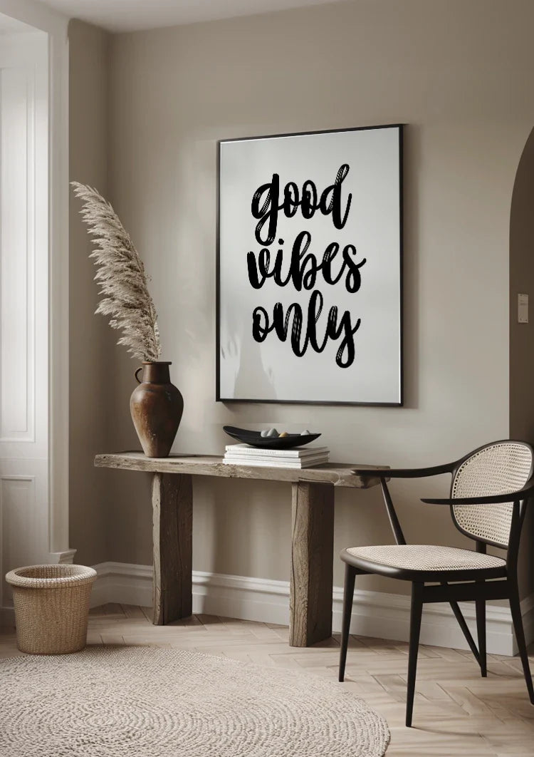 Good Vibes Only Schwarze Handschrift Weißer Hintergrund Positives Minimalistisches Gemälde