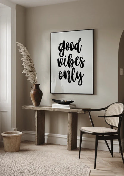 Good Vibes Only Schwarze Handschrift Weißer Hintergrund Positives Minimalistisches Gemälde