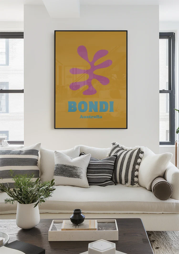 Bondi Australien Retro Poster Rosa Blume Gelb Orange Pop Art Malerei