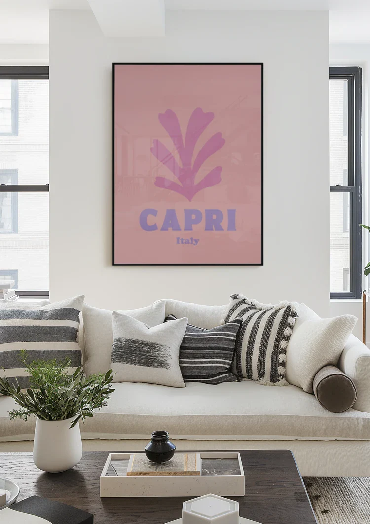 Capri Italien Retro Poster Rosa Blatt Minimalistisches Reiseplakat Gemälde