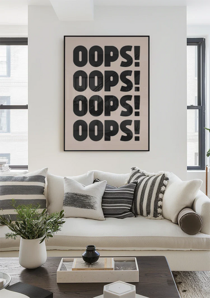 Hoppla, sich wiederholender schwarzer Text, rosa Hintergrund, spielerische Typografie, Pop-Art-Gemälde