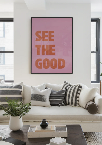 See The Good Oranje Tekst Roze Achtergrond Positief Typografie Pop Art Schilderij