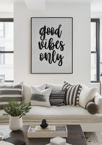 Good Vibes Only Schwarze Handschrift Weißer Hintergrund Positives Minimalistisches Gemälde