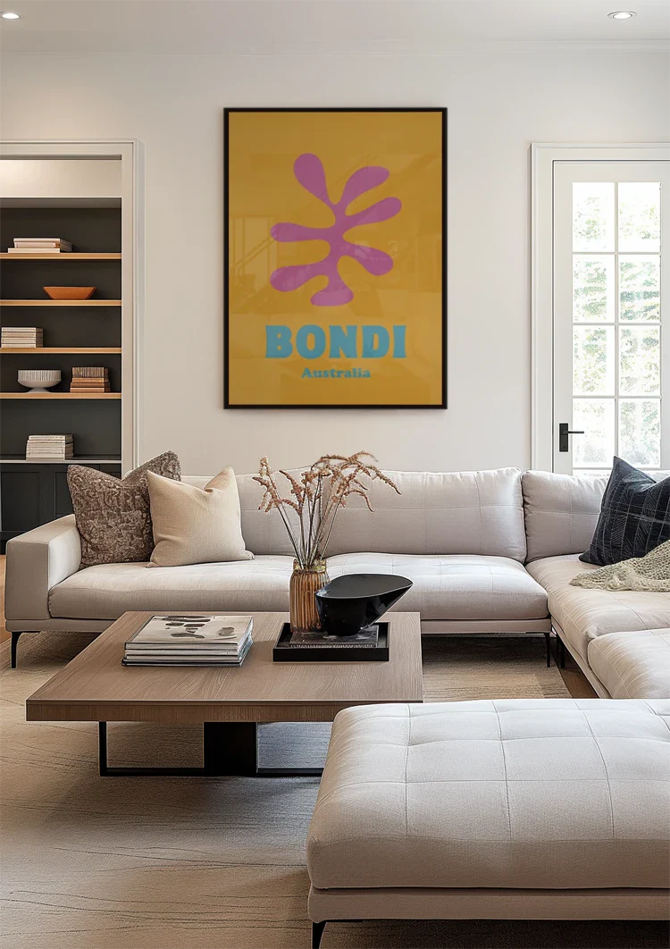 Bondi Australien Retro Poster Rosa Blume Gelb Orange Pop Art Malerei
