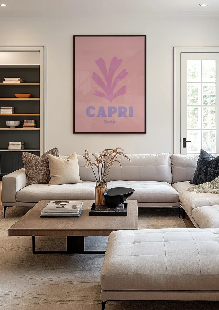 Capri Italien Retro Poster Rosa Blatt Minimalistisches Reiseplakat Gemälde