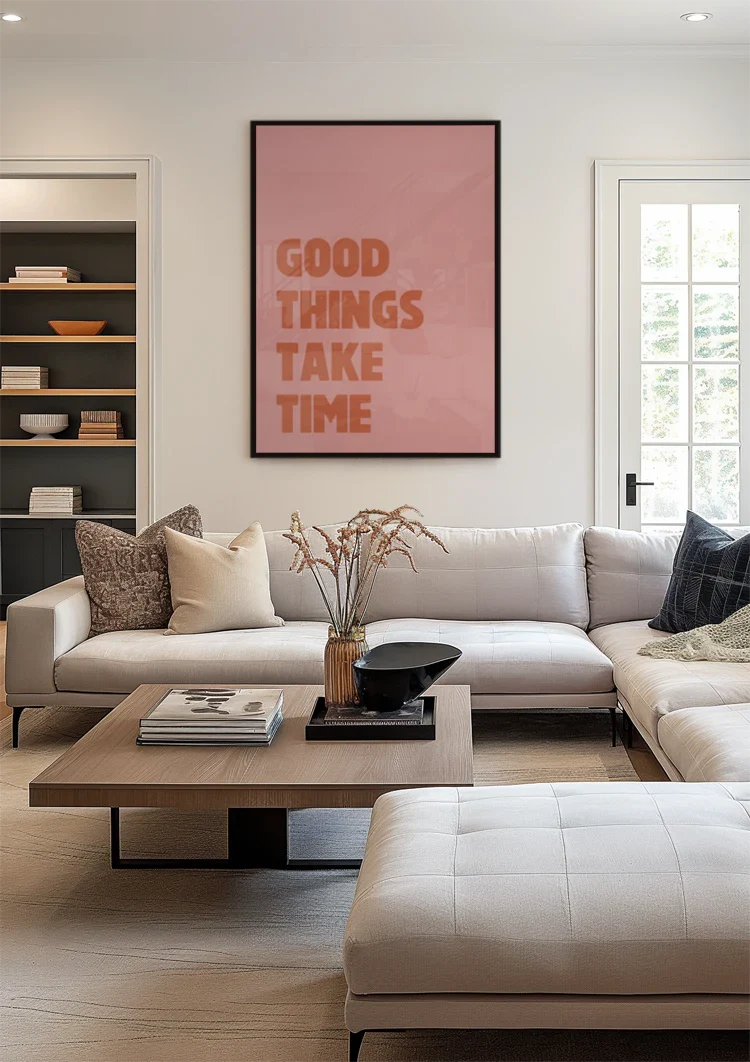 Good Things Take Time Rosa Motivations-Typografie Inspirierendes Gemälde