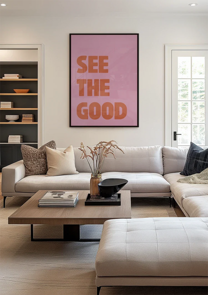 See The Good Oranje Tekst Roze Achtergrond Positief Typografie Pop Art Schilderij