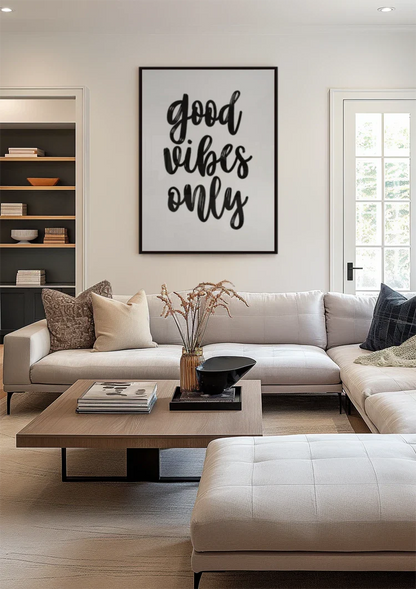 Good Vibes Only Schwarze Handschrift Weißer Hintergrund Positives Minimalistisches Gemälde
