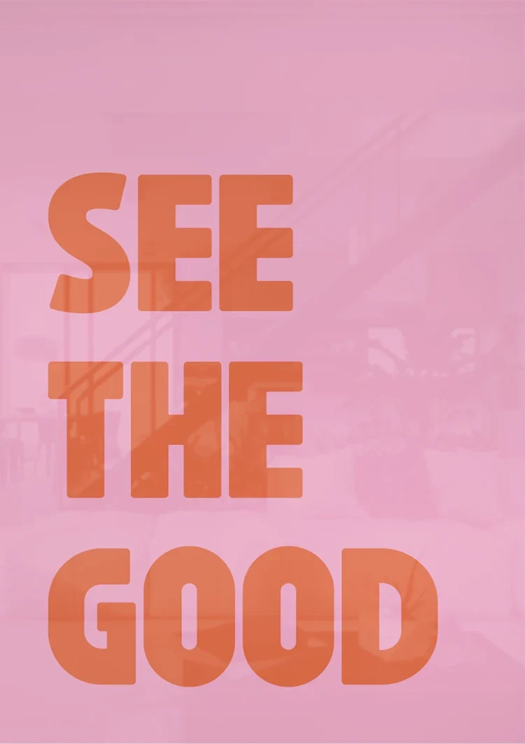 See The Good Oranje Tekst Roze Achtergrond Positief Typografie Pop Art Schilderij