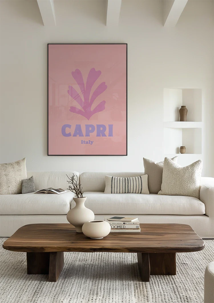 Capri Italien Retro Poster Rosa Blatt Minimalistisches Reiseplakat Gemälde