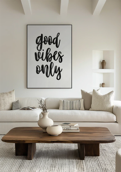 Good Vibes Only Schwarze Handschrift Weißer Hintergrund Positives Minimalistisches Gemälde