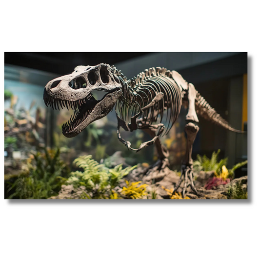 T-Rex skelet tentoongesteld in botanische museumomgeving – Canvas wandkunst