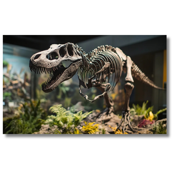 T-Rex-Skelett auf Museumsleinwand – Botanische Dinosaurier-Wandkunst