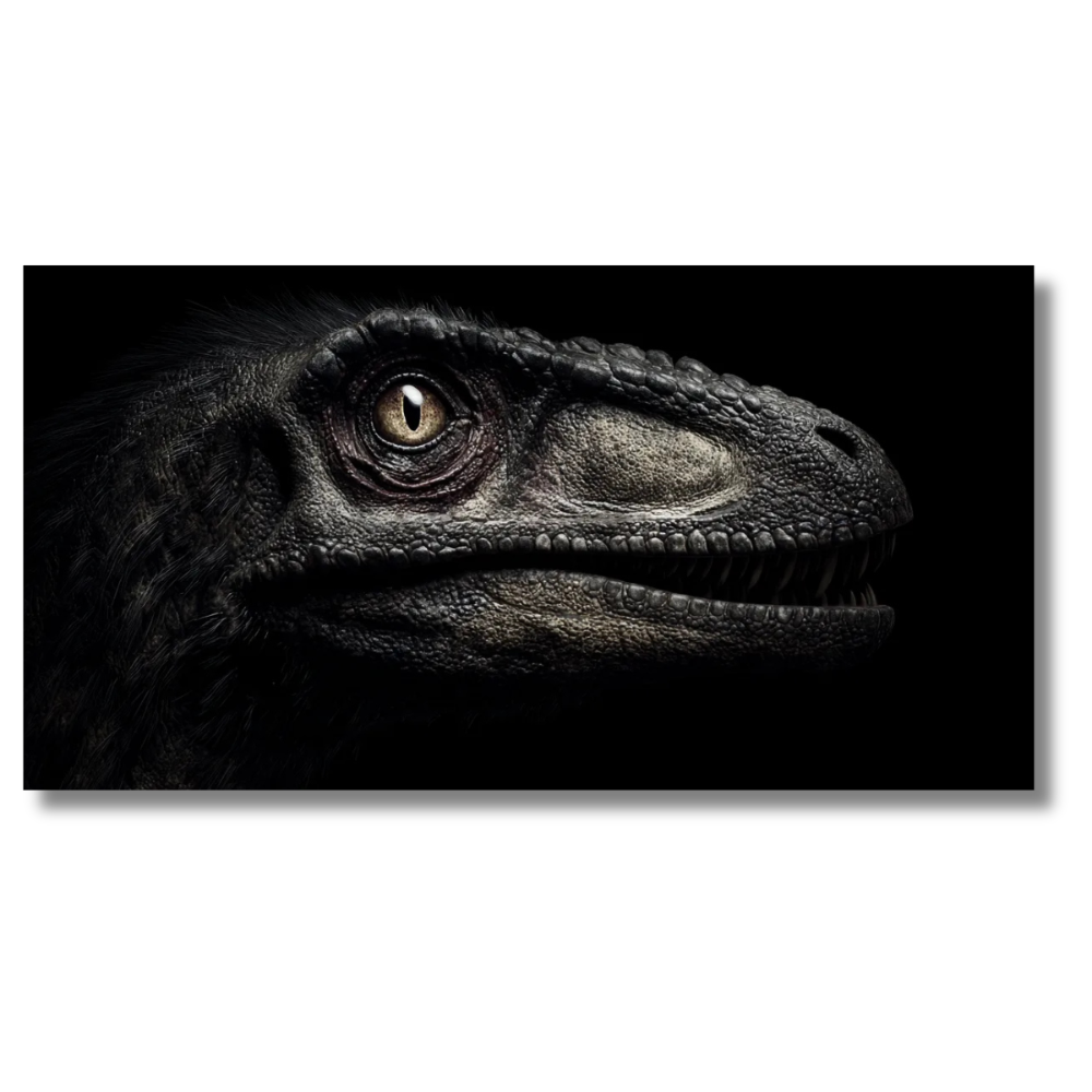 Illustratie van een dinosauruskop in schaduwlicht op een zwarte achtergrond - Canvas wandkunst