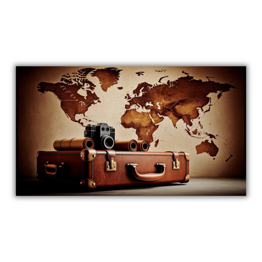 Vintage reiskoffer en wereldkaart – Canvas wandkunst
