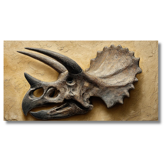 Illustratie van een fossiele schedel van een Triceratops op een getextureerde stenen achtergrond – Canvas wandkunst