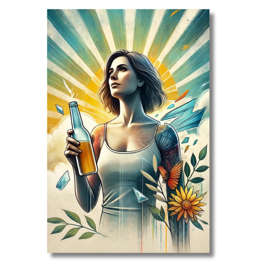 Moderne vrouw met zonnestralen en natuurelementen - Canvas wandkunst