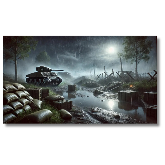 Tank uit de Tweede Wereldoorlog in een regenachtig slagveldlandschap – Canvas wandkunst