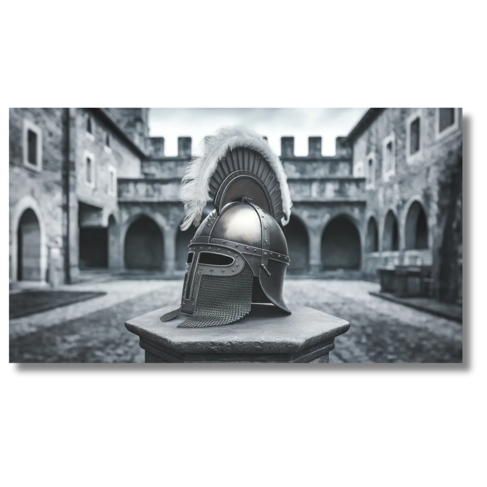 Zilveren helm tentoongesteld in historische binnenplaats - Canvas wandkunst