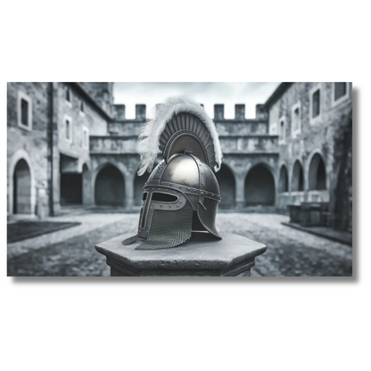 Zilveren helm tentoongesteld in historische binnenplaats - Canvas wandkunst