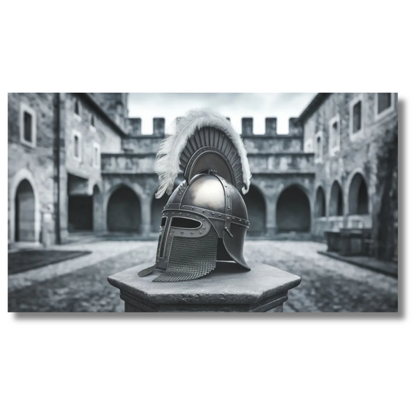 Silver Helmet Display in Historic Courtyard