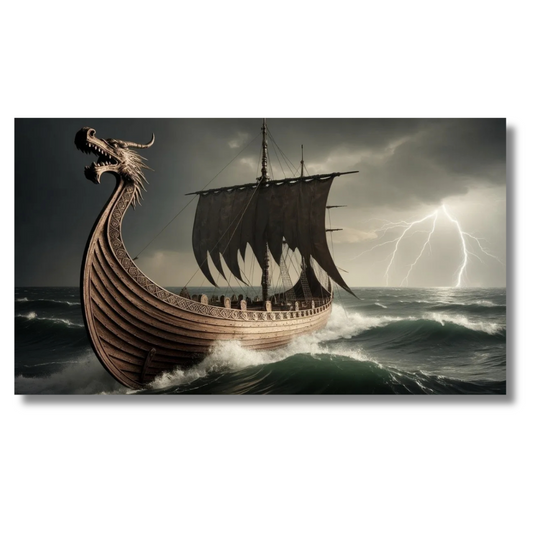 Historisch langschip vaart door stormachtige zee - Canvas wandkunst