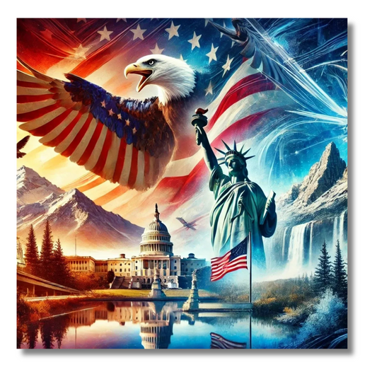Surrealistische Amerikaanse symbolen en natuurcollage in fantasielandschap – Canvas wandkunst