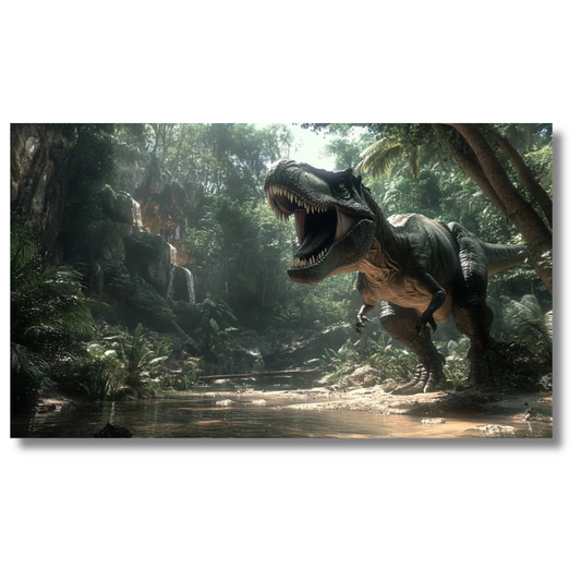 T-Rex brult in de jungle met zonlicht - Canvas wandkunst