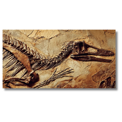 Gefossiliseerd dinosaurusskelet op getextureerd stenen oppervlak - Canvas wandkunst