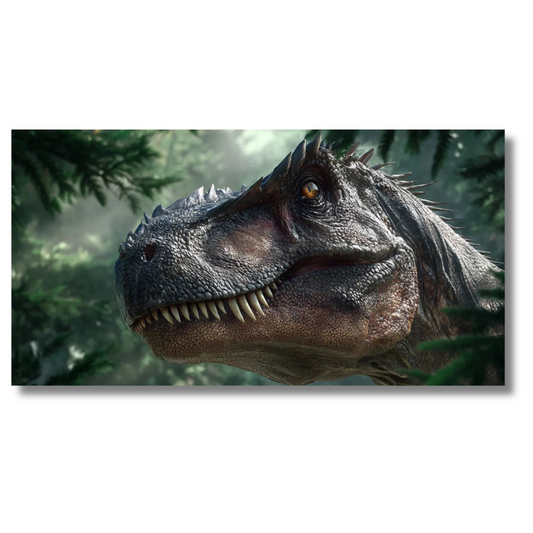 Close-up van een T-Rex-kop in de jungle met natuurlijk licht – Canvas wandkunst