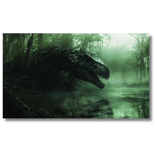 Brullende dinosaurus in mistige jungle - Canvas wandkunst