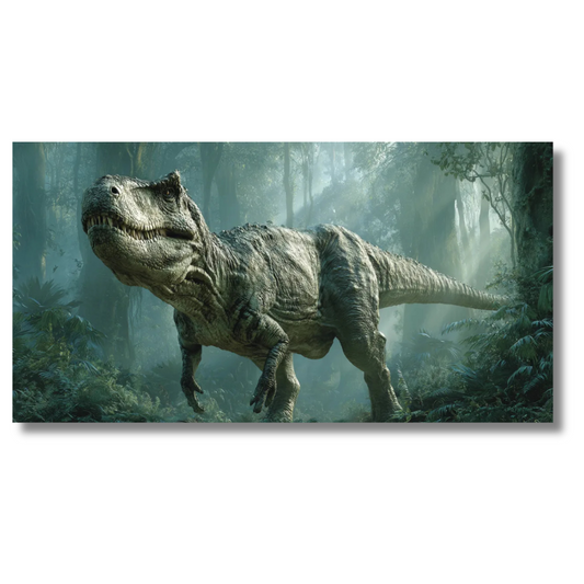 T-Rex loopt door dichte groene jungle in realistische daglichtscène - Canvas wanddecoratie