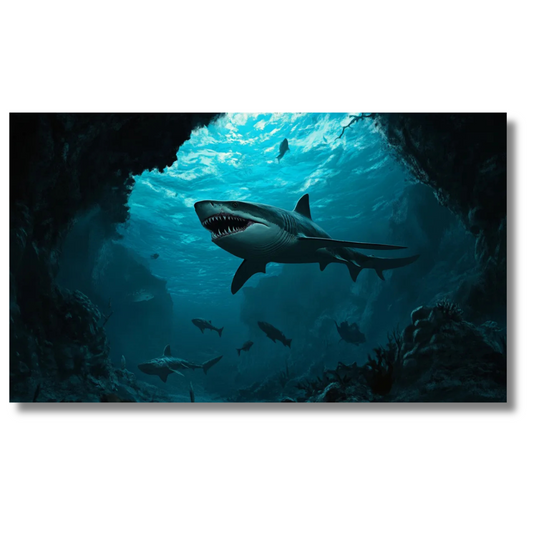 Haai zwemt door diepe oceaangrot omringd door vissen en licht - Canvas wanddecoratie