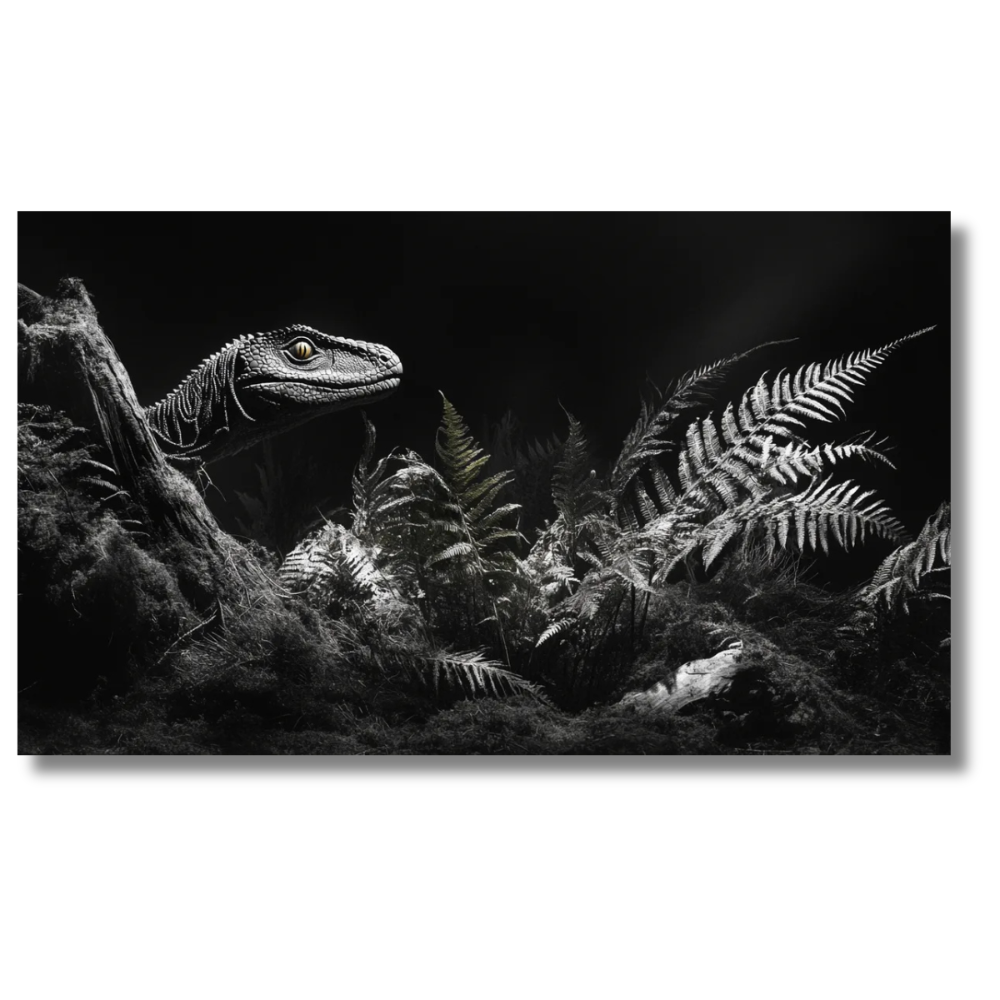 Velociraptor in schaduwrijke jungle met varens en zachte lichtaccenten - Canvas wanddecoratie