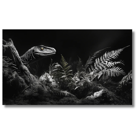 Velociraptor in Jungle Canvas – Sfeervolle Dinosaurus Wanddecoratie