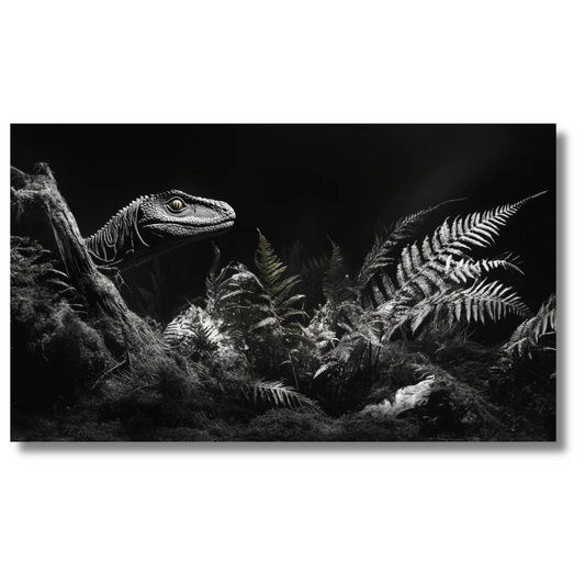 Velociraptor in schaduwrijke jungle met varens en zachte lichtaccenten - Canvas wanddecoratie