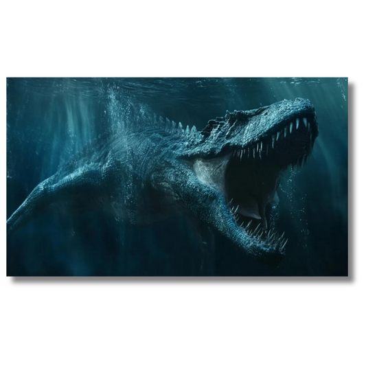 Onderwaterzeedinosaurus in de diepe oceaan met bubbels en beweging - Canvas wandkunst