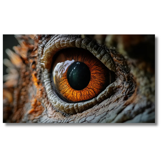 Close-up van een dinosaurusoog met oranje iris en huidtextuur – Canvas wanddecoratie