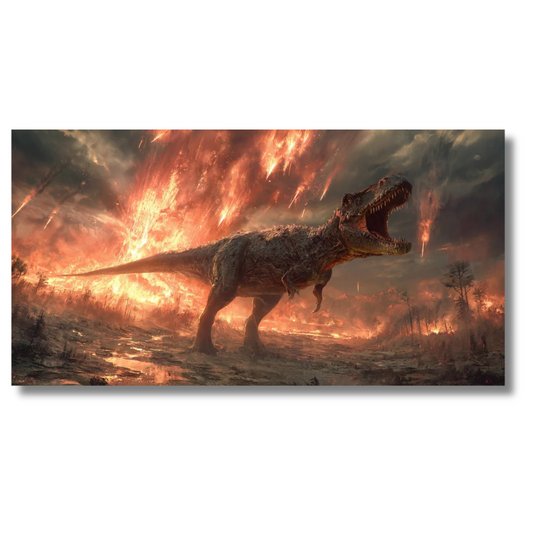 T-Rex brult in vulkanisch landschap met vuur- en aseffecten - Canvas wandkunst