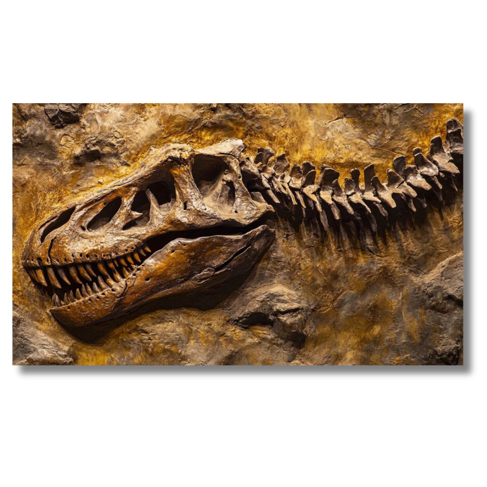 Dinosaurusfossiel met schedel en ruggengraat in steentextuur - Canvas wandkunst
